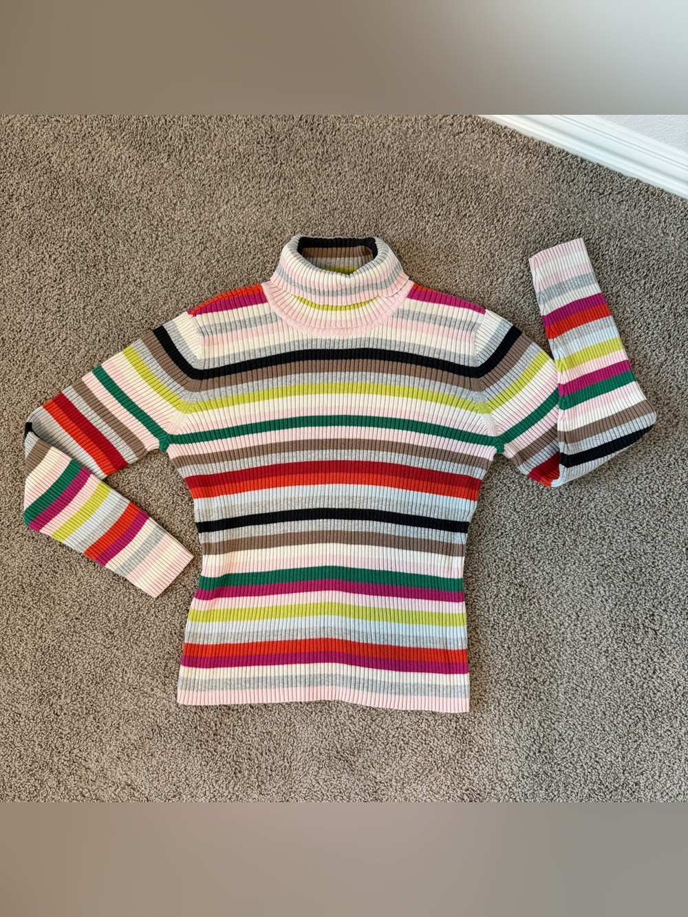 St. John's Bay Striped Ribbed Turtleneck in Pink, Yellow, Gray